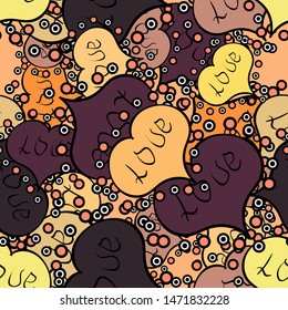 Valentines day seamless background. Unusual designs. Vector illustration. Cute hearts love on beige, black and brown colors on nice background.