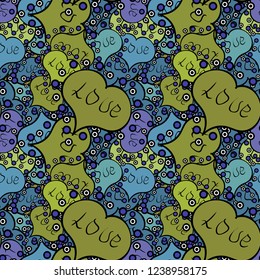 Valentines day seamless background. Vector illustration. Unusual designs. Cute hearts love on black, blue and green colors on nice background.