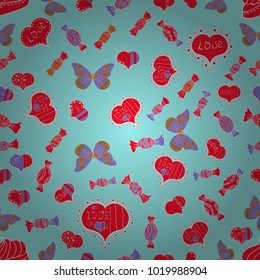 Valentine':s Day seamless with blue, red and violet hearts on background. Vector illustration.