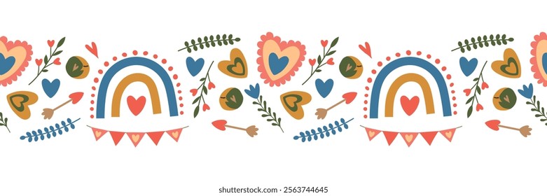 Valentines day seamless border. Boho rainbow, flowers, heart, holiday flags. Vector illustration for greeting card, website, background, spring design
