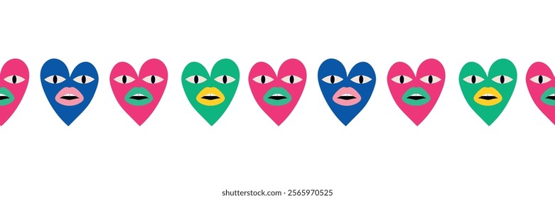 Valentine's day seamless border. Colored hearts with eyes and lips. Modern vector illustration for your design