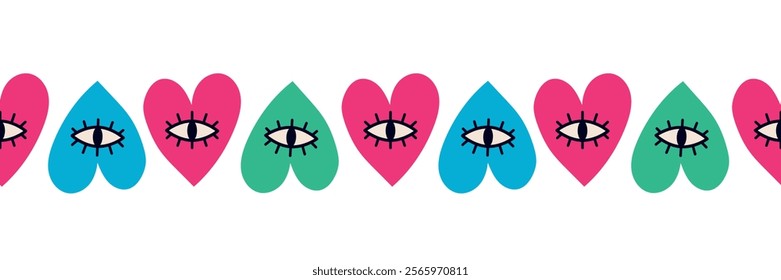 Valentine's day seamless border. Colored hearts with eyes. Modern vector illustration for holiday design