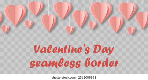 Valentine's Day seamless border. an endless background of hanging pink paper cut layered hearts. isolated on a checkered background. graphic element for the design, card, backdrop, website header