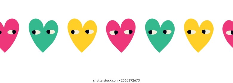 Valentine's day seamless border. Heart with pink, green and yellow eyes. Vector illustration for holiday design