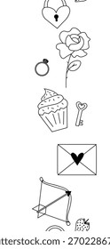 Valentine's Day seamless border vertical. Vector graphic line black and white illustration. Envelope, rose, ring, cupcake, cherry Banner, poster, wrapping paper, sticker, print, modern textile

