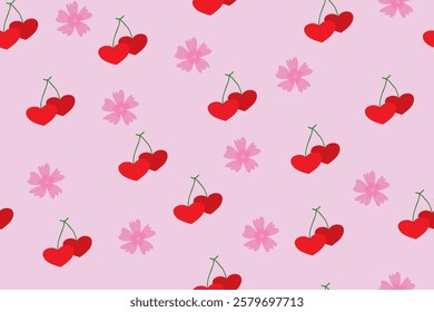 Valentine's Day | Seamless cherry and red ribbon bow pattern | Pink Sakura flower, Heart cherry | Design for pillow, blanket, rug, carpet, fabric, fashion, clothing, wallpaper, accessory