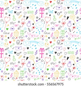 Valentines day. Seamless colorful vector pattern with hand drawn doodles. Can use for pack, surface, wallpaper, cards.