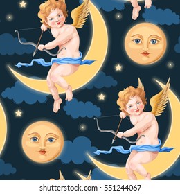 Valentines day seamless with cupid and moon