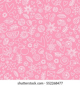 Valentine's day seamless doodle love pattern in pink and white colors with hearts flowers leaves and berries vector illustration