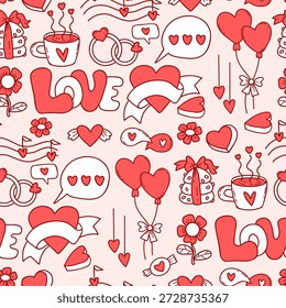Valentinstag nahtloses Doodle-Muster. Rote Ballons, Hochzeitsringe, Liebesbrief, Blume, Noten und Herz romantische Elemente wiederholten Hintergrund. Vektorgrafik
