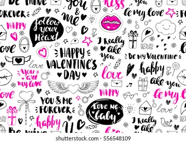 Valentines day seamless doodles pattern. Vector elements: lips, cupcake, heart with wings, envelope, padlock and gift box. Hand drawn icons. Modern brush calligraphy. Handwritten inscriptions.