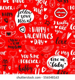Valentines day seamless doodles pattern. Vector elements: lips, cupcake, heart with wings, envelope, padlock and gift box. Hand drawn icons. Modern brush calligraphy. Handwritten inscriptions.