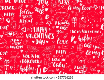 Valentines day seamless doodles pattern. Vector elements: lips, cupcake, heart with wings, envelope, padlock and gift box. Hand drawn icons. Modern brush calligraphy. Handwritten inscriptions.