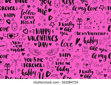 Valentines day seamless doodles pattern. Vector elements: lips, cupcake, heart with wings, envelope, padlock and gift box. Hand drawn icons. Modern brush calligraphy. Handwritten inscriptions.