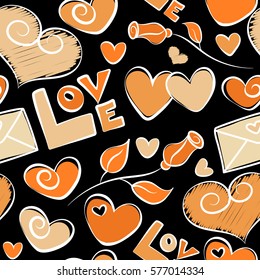 Valentines day seamless doodles pattern. Hand drawn seamless pattern. Handwritten inscriptions on a black background. Vector elements: heart, love text, flower and letter in beige and orange colors.