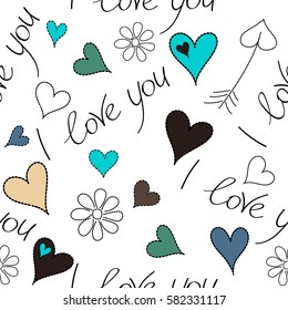 Valentines day seamless doodles pattern. Hand drawn seamless pattern. Handwritten inscriptions on a white background. Vector elements: heart, I love you text and flower in brown, blue and green colors