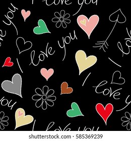 Valentines day seamless doodles pattern. Handwritten inscriptions on a black background. Vector elements: heart, I love you text and flower in red and pink colors. Hand drawn seamless pattern.