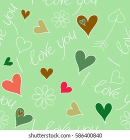 Valentines day seamless doodles pattern. Hand drawn seamless pattern. Handwritten inscriptions. Vector elements: heart, chamomile flower, I love you text in green, orange and red colors.