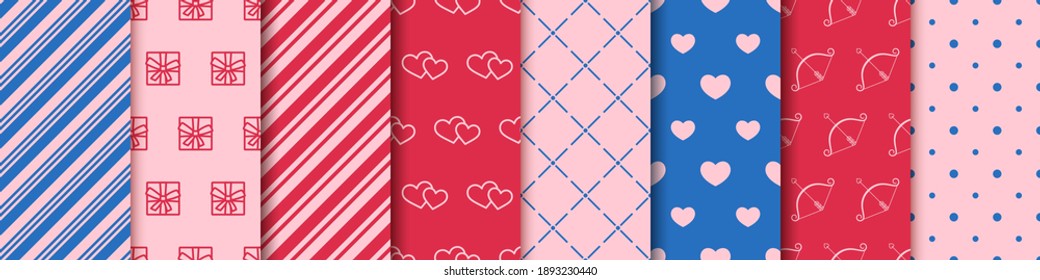 Valentine's day seamless eight patterns collection. Wrapping paper design templates. Set of patterns with hearts, envelopes, gift boxes, polka dot and abstract ornament. Festive wrapping paper.