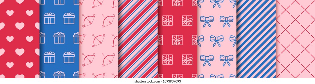Día de San Valentín sin fisuras con la colección de ocho patrones. Papel de envoltura festivo. Conjunto de patrones con corazones, sobres, cajas de regalo, punto de polka y ornamento abstracto. Ajustar plantillas de diseño de papel.