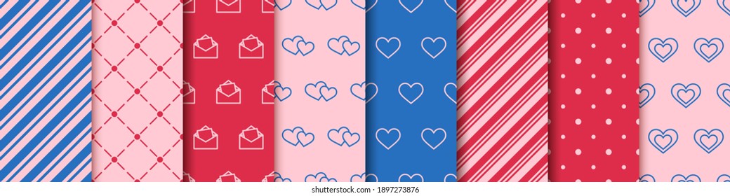 Valentine's day seamless eight patterns collection. Set of patterns with hearts, envelopes, gift boxes, polka dot and abstract ornament. Wrapping paper design templates. Festive wrapping paper.