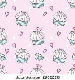 Valentine's Day seamless endless pattern of cupcakes, cups and hearts. Vector illustration