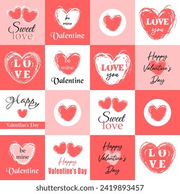 Valentines Day seamless geometric pattern background with hand drawn hearts on square background. Valentine cards collection in red and white colors.. Vector illustration for cover, poster, wrapping