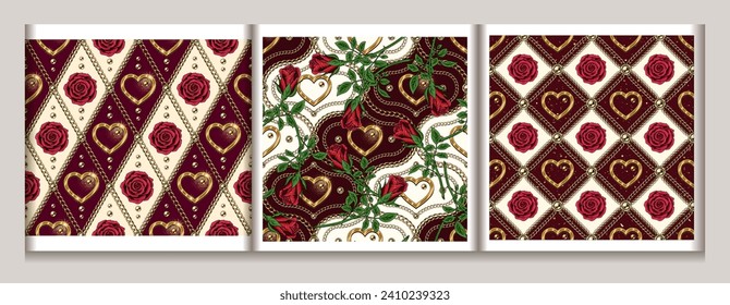 Valentines day seamless geometric patterns with romantic symbols, gold chains, heart, roses. Classic grid ornament. For wedding, engagement event, gift decoration in vintage style