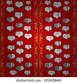 Día de San Valentín. Patrón de corazón sin foco. Elementos de colores grises, rojos y blancos. Patrón de envoltura, cubierta. Ilustración vectorial. Cartel de tipografía.