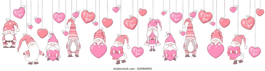 Valentines Day seamless horizontal pattern with cute hand drawn gnomes decoration isolated on white background. Vector illustration for print, wrapping paper, card, wallpaper, banner