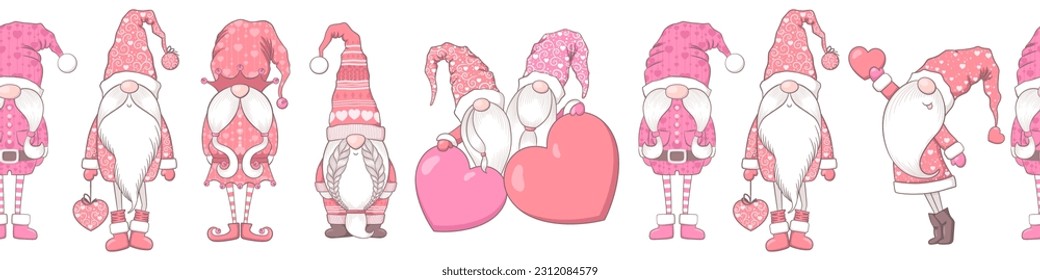 Valentines Day seamless horizontal pattern with hand drawn cute gnomes and hearts decoration isolated on white background. Vector illustration for print, wrapping paper, card, wallpaper, banner