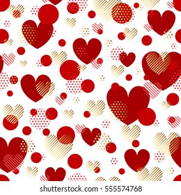 Valentines Day seamless modern luxury pattern. Festive abstract background with gold and red hearts for cards, banners, poster, wallpaper, textile, fabric, wrapping paper, packaging, scrapbooking.