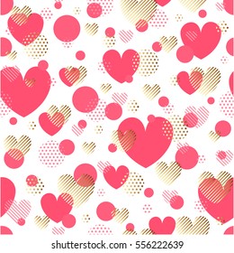 Valentines Day seamless modern luxury pattern. Festive abstract background with gold and pink hearts for cards, banners, posters, wallpapers, textiles, fabrics, covers, wrapping papers, packaging etc.
