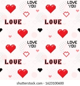 Valentines day seamless pattern in 90's style. Abstract background with pixelated hearts, text Love You, dots, geometric shapes. Stylish repeat texture. Love romantic theme. Design for decor, print