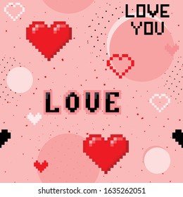 Valentines day seamless pattern in 90's style. Abstract background with pixelated hearts, text Love You, dots, spots. Stylish geometric texture. Love romantic theme. Repeat design for decor, print