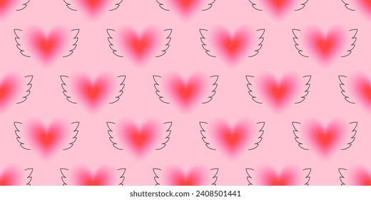 Patrón sin fisuras del Día de San Valentín en el estilo de los años 90.Ilustración vectorial romántica en estética y2k con corazones y alas borrosas rosas.Papel de pared moderno para smm, tela, invitaciones, impresiones, ofertas de promoción.