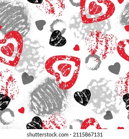 Valentines day seamless pattern with abstract elements and hearts. Vector illustration.