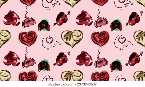 Valentines day seamless pattern with abstract elements and hearts, arrows. Vector illustration.
