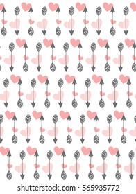 Valentines day seamless pattern with arrows and hearts. Vector arrows on a background of pink hearts.
