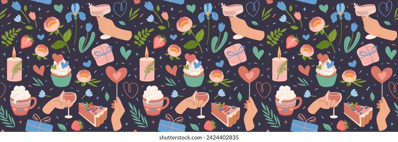 Valentines day seamless pattern. Background of love, flowers, hearts, gifts, cupcake, glasses, berry. Womens hands with glasses. for your design, wrapping paper, packaging. Vector flat illustration.