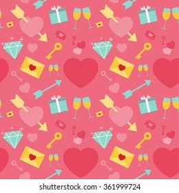 Valentine's day seamless pattern. Background of hearts, diamonds, love notes, grocery, gift, key, an arrow of Cupid. Can be used for wallpaper, web page background, textures. Vector illustration