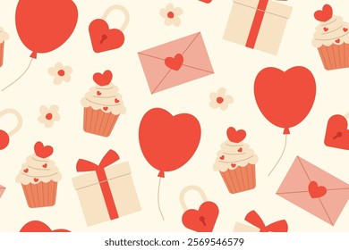 Valentine's Day seamless pattern with balloon, muffin, love letter, padlock, gift box and flowers; february background- vector illustration