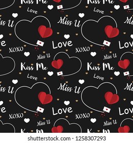 Valentine's day seamless pattern of balloons in a heart shape hang a love envelope with love, miss u, kiss me and xoxo text with tiny hearts on black background. Concept of love and Valentines day. 