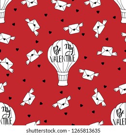 Valentine's Day seamless pattern with balloons, letters and hearts. Romantic red background. It can be used for packaging, wrapping paper, textile and etc.