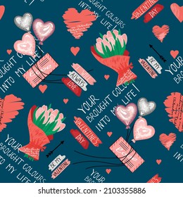 Valentines Day seamless pattern with balloons,envelope,pink tulip bouquet,rough red hearts and black-white  hand lettered text on blue background.Hand drawn illustration,for Valentines Day concept.