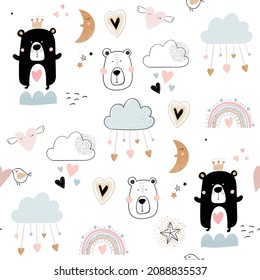 Valentine's Day seamless pattern with bears, clouds and rainbows, kids background, wallpaper, gift paper, holidays surface design, doodle elements
