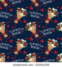 Valentine's Day seamless pattern with beautiful bouquet, red heart and BE MY VALENTINE text. For Valentine's day concept.