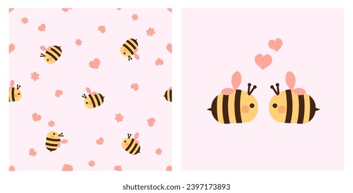 Valentine's day seamless pattern with bee cartoons, cute flower and hearts on pink background. 