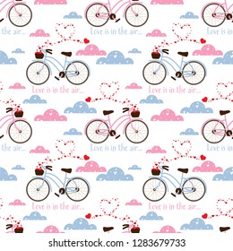 Valentine's Day seamless pattern with bicycle with heart fly from wicker basket go in the sky with cloud background with Love is in the air text. Concept of love and valentine's day.