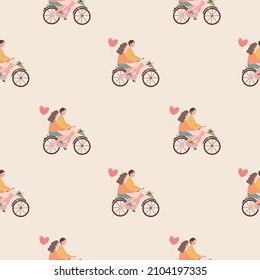 Valentine's Day seamless pattern with bicycle with heart shaped balloon and flowers. Concept of love and valentine's day.